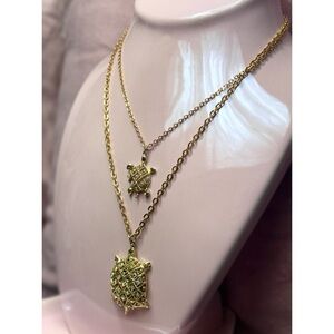 Vintage Gold Jeweled Turtle Mother Baby Layered Pendant Necklace